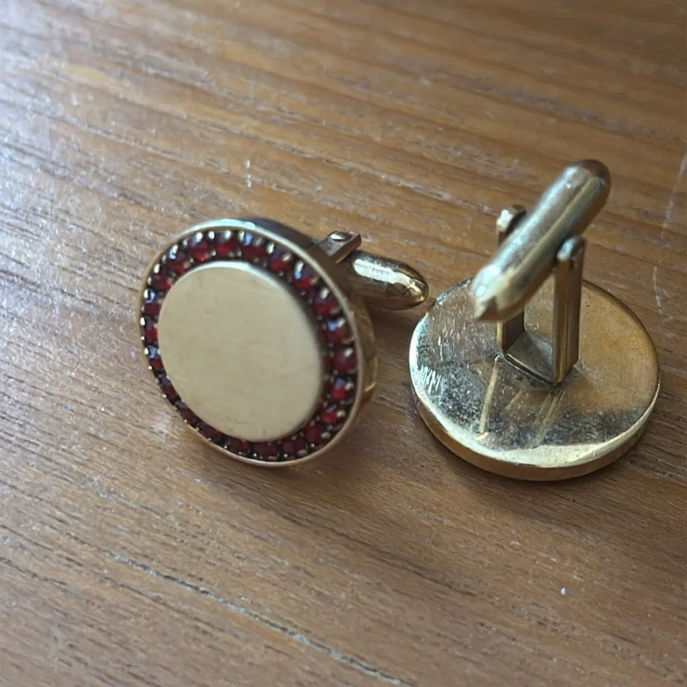 Vintage red Rhinestone circle design Engravable gold tone cufflinks